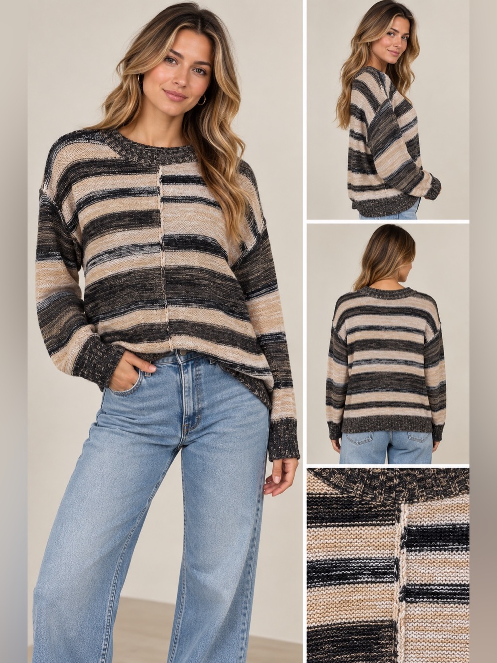 Westbound Petites PS Striped Knit Sweater NWT Neutral Relaxed Pullover